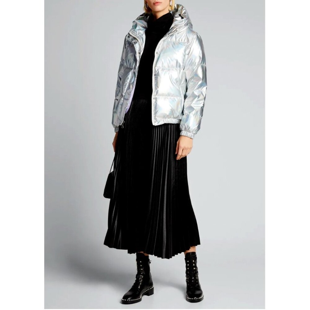 Alice + Olivia Metallic Gunmetal Goose Down Hooded Puffer Jacket - Like New!